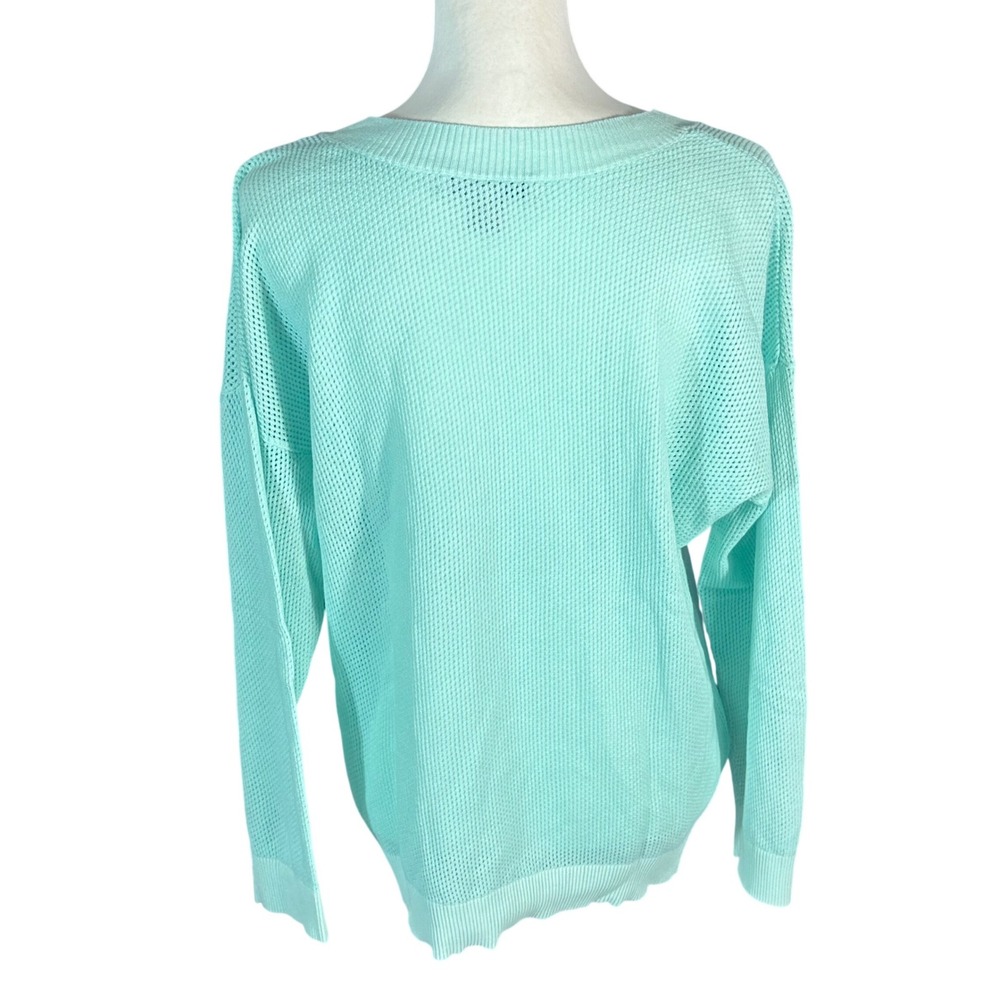 Tommy Bahama Sweater Women Medium Aqua Tropical Leaf Print V-Neck Cotton Knit - Picture 3 of 8